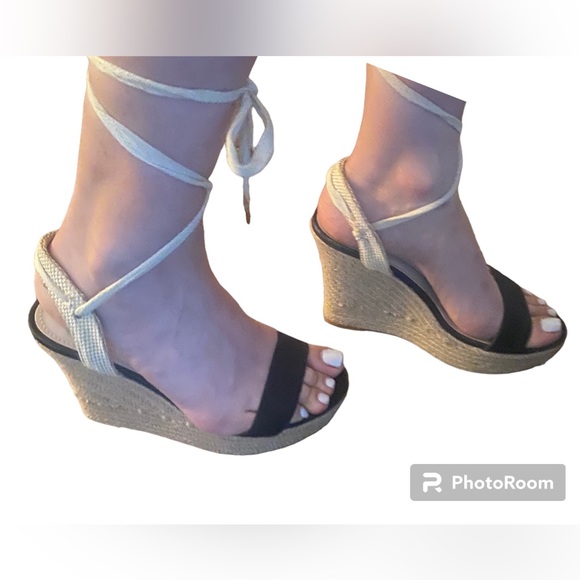 Victoria’s Secret Wedge Size 8 Platform Sandals lace up ankle black espadrilles - Picture 8 of 8